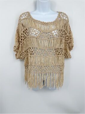 Dislay Paris Tan Open Knit Boho Short Sleeve Blouse Size Small Whimsical Fairy